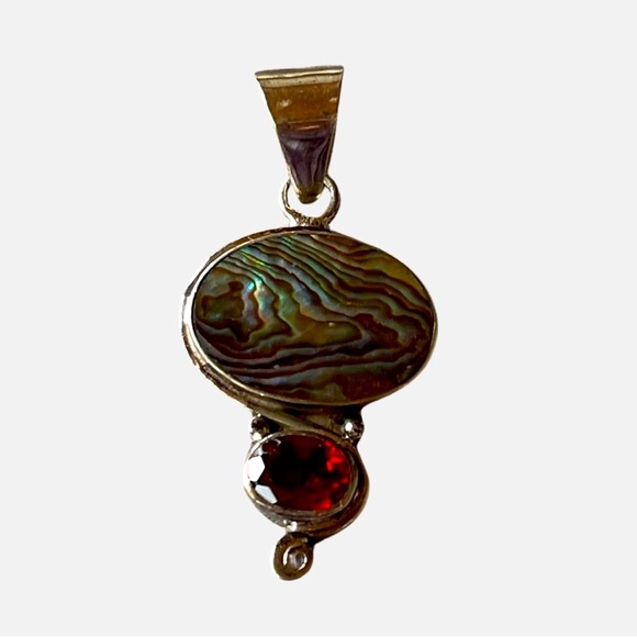 Sterling Silver Abalone w Garnet Pendant is New Old Stock with Heavier Sterling. - Picture 2 of 8